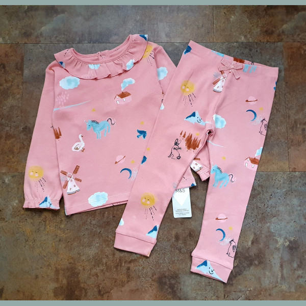 M&S Mädchen Baby Set Shirt Hose Mühle  Einhorn rosa 2-3/98