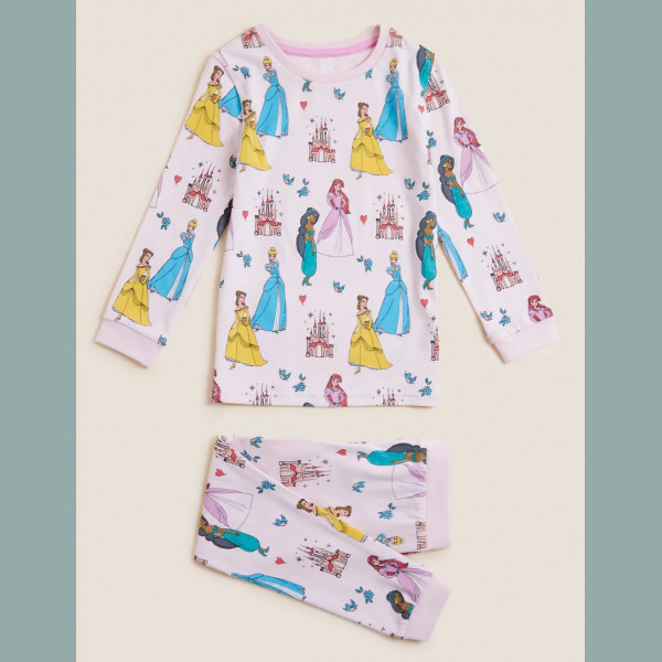 M&S Mädchen Set Schlafanzug Pjama Disney Prinzessinnen Cindarella Belle Arielle Jasmin rosa 