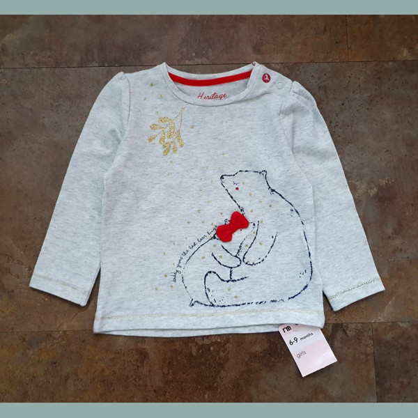 Mothercare Mädchen Shirt Eisbär Schleife Glitzer Weihnachten 6-9/74