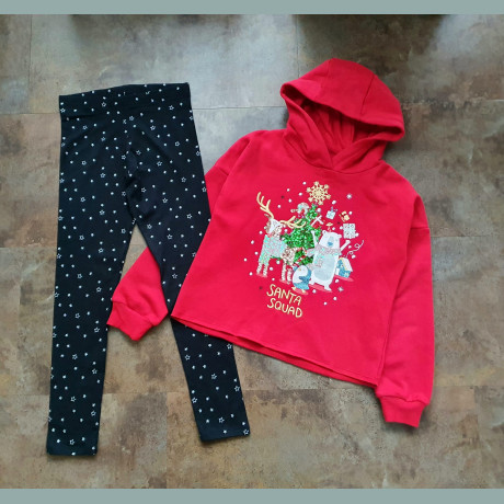 F&F Mädchen Set Hoodie Leggings Weihnachten Pailletten Sterne schwarz rot 5-6/110-116
