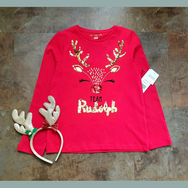 F&F Mädchen Set Shirt Haarreifen Rentier Rudolph Glocken Weihnachen rot 