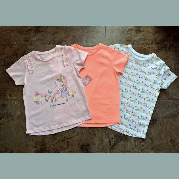 Matalan Maedchen Set 3 T-Shirts Tops Blumen Gießkanne kurzarm rosa beige bunt neu