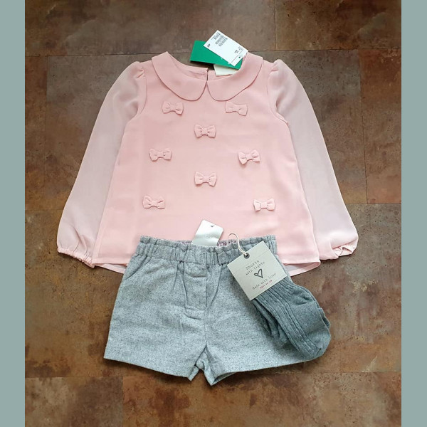 Next H&M Mädchen Set Bluse Shorts Strumpfhose Schleife rosa grau 4-5/110