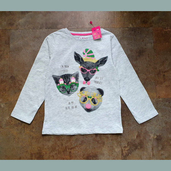 Nutmeg Mädchen Shirt Tiere Katze Reh Panda Glitzer grau 