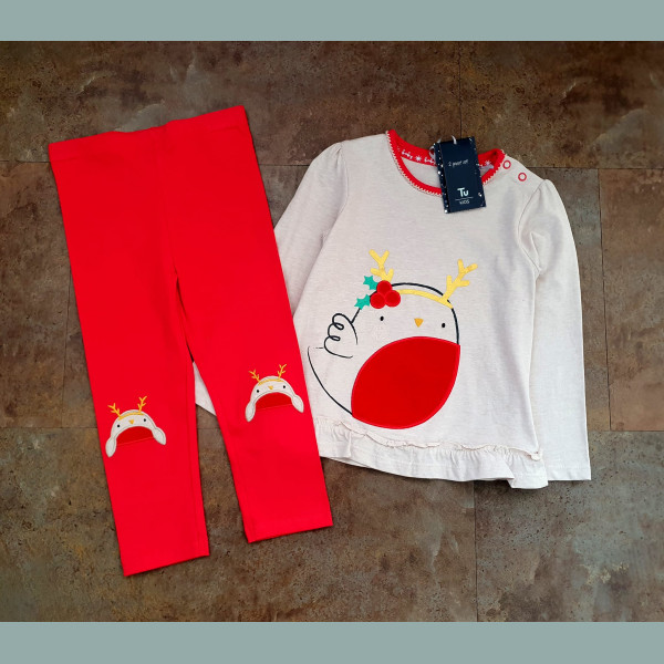 TU Mädchen Baby Set Shirt Leggings Weihnachten Vogel rot 18-24/92