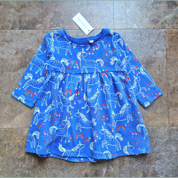 Bluezoo Mädchen Kleid Einhorn Blumen Regenbogen langarm blau 3-6/68