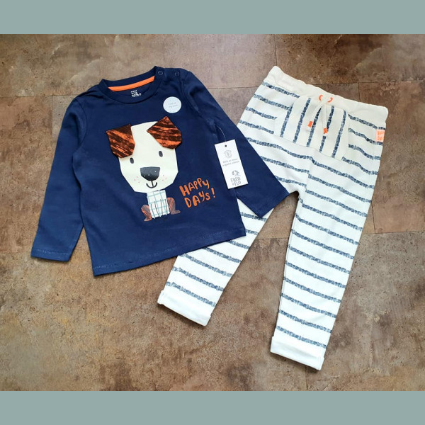 F&F Jungen Baby Set Shirt Hose Hund gestreift Rückenbild blau 9-12/80 