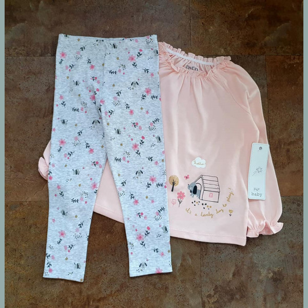 F&F Mädchen Baby Set Shirt Hose Hund Blumen langarm rosa grau 18-24/92