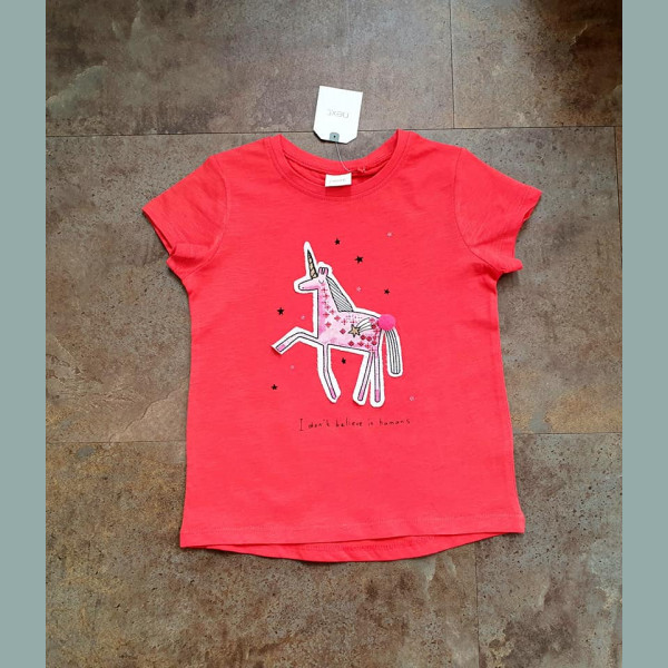 Next Mädchen T-Shirt Top Einhorn Sterne Bommel rot 2-3/98