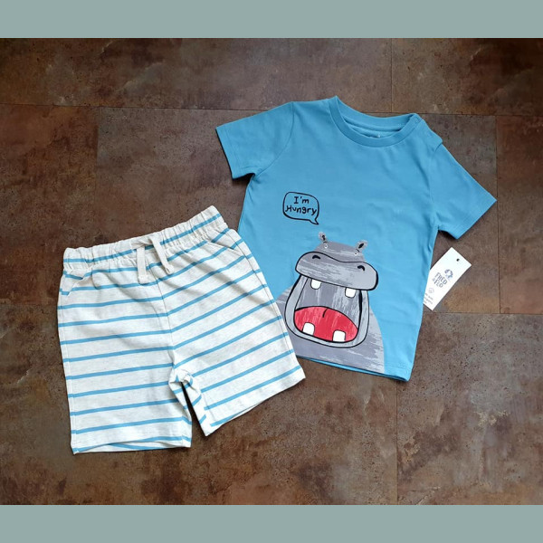 F&F Jungen Set T-Shirt Top Shorts Bermudas kurze Hose Hippo Nielpferd blau grau gestreift