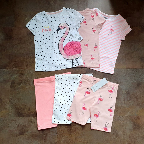 F&F Mädchen Set 3 T-Shirts 3 Shorts Radlerhosen Flamingos Sommer rosa 4-5/110