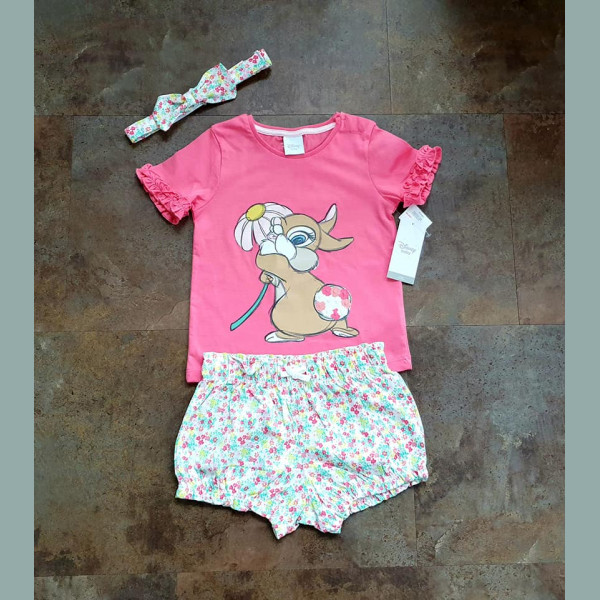 F&F Mädchen Set T-Shirt Shorts Haarband Blumen Klopfer Bambi hase rosa bunt 