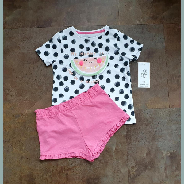 F&F Mädchen Baby Set T-Shirt Shorts Wassermelone Tupfen Sommer weiß rosa