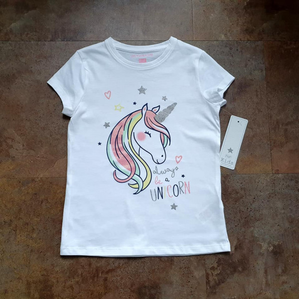 F&F Mädchen T-Shirt kurzarm Einhorn Unicorn Glitzer weiß bunt