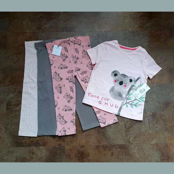 TU F&F Mädchen Set 3 Leggings Hosen T-Shirt Koala Punkte rosa grau 
