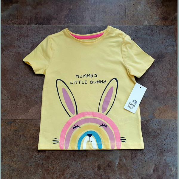 F&F Mädchen T-Shirt Hase Bunny Regenbogen Glitzer gelb 