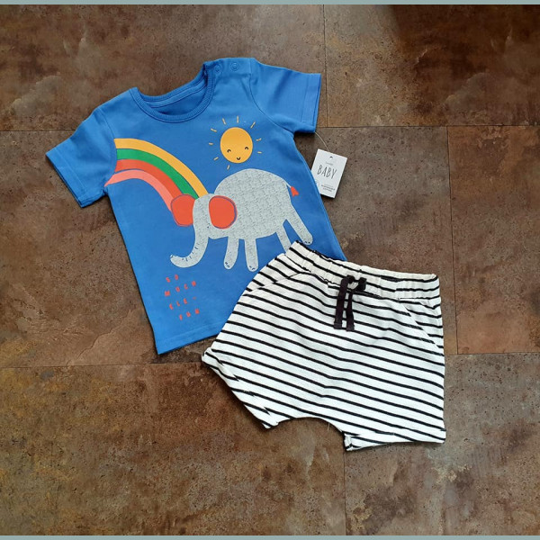George Jungen Baby Set T-Shirt Shorts Hose Elefant Regenbogen Sonne gestreift blau weiß 9-12/80