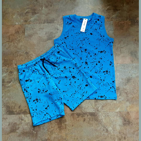George Jungen Set Top Shorts Bermuda Malerklecks Farbklecks Sommer blau 