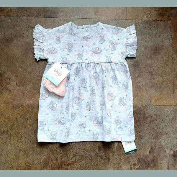 George Mädchen Baby Set Kleid Tunika Socken Dumbo Elefant grau rosa 