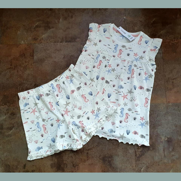 George Mädchen Set Schlafanzug Pyjama T-Shirt Shorts Bermudas Seepferdchen weiß 4-5/110