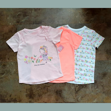Matalan Maedchen Set 3 T-Shirts Tops kurzarm Rüschen Blumen rosa 