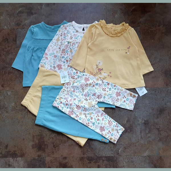 George Mädchen Baby Set 3 Shirts 3 Leggings Hosen Blumen blau gelb weiß 3-6/68