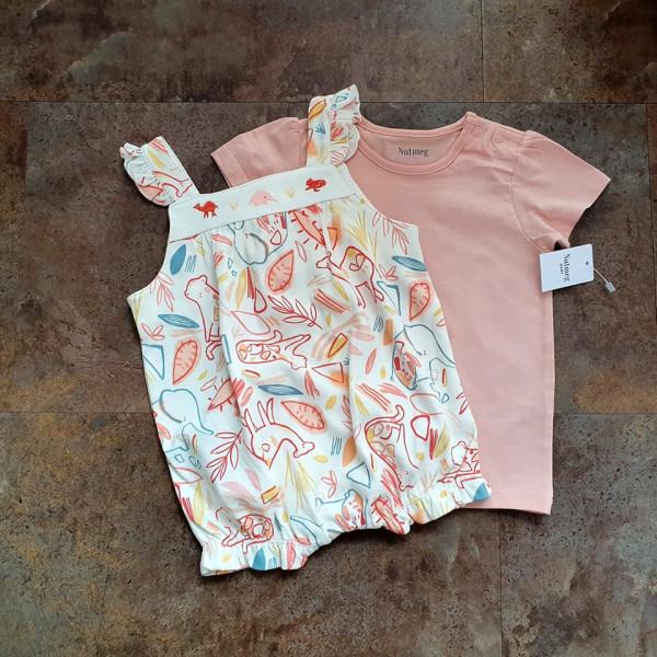 Nutmeg Mädchen Set Romper Spieler T-Shirt Knöpfe Tiger Blätter Safari weiß rosa 