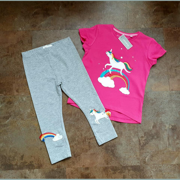Bluezoo Mädchen Set T-Shirt Leggings Hose Einhorn Regenbogen pink grau 3-4/104