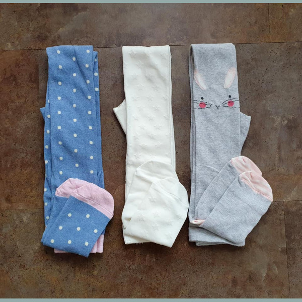 Next Mädchen Set 3 Strumpfhosen Hase Sterne Punkte grau creme blau neu 6-12 Monate/74-80 