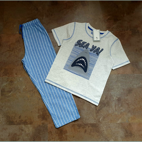 TU Jungen Set Schlafanzug Pyjama T-Shirt Hose Hai gestreift grau blau 9-10/140 