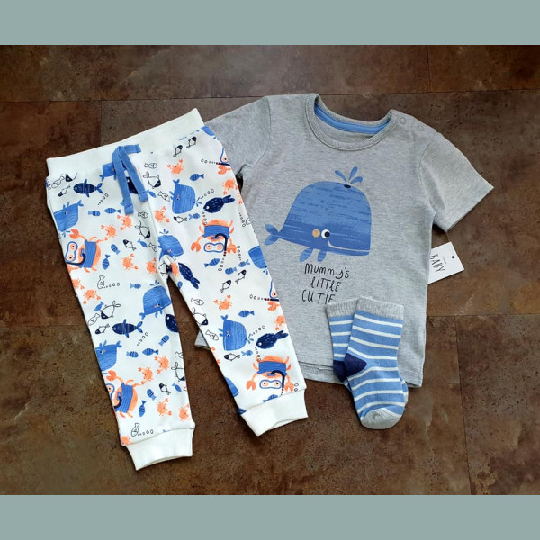 George Jungen Set T-Shirt Hose Socken Wal grau blau 3-6/68