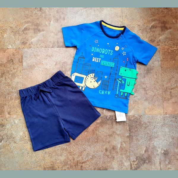 George Jungen Set T-Shirt Shorts Dino Roboter Zacken neu 6-9/68-74