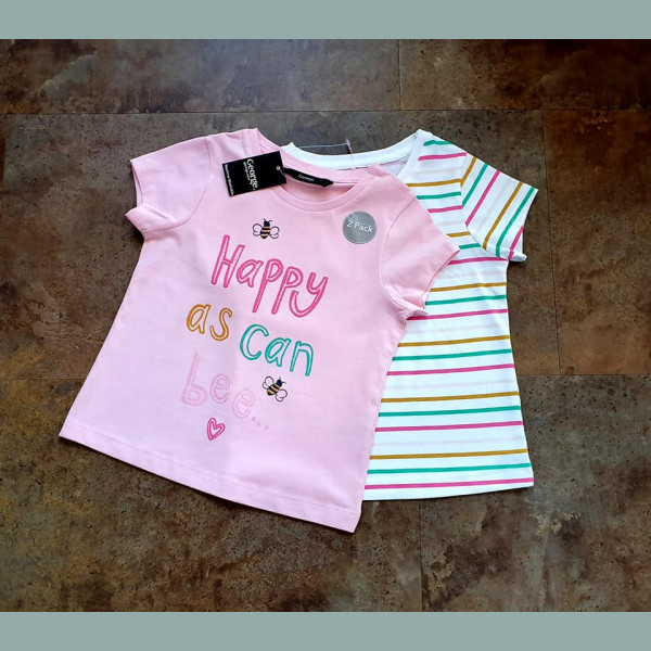 George Mädchen Set 2 T-Shirts Biene Happy Herz Streifen kurzarm rosa weiß bunt neu 