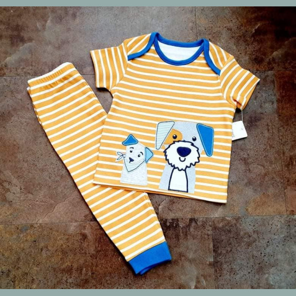 Nutmeg Jungen Set T-Shirt Hose gestreift Hund gelb weiß neu 6-9/68-74